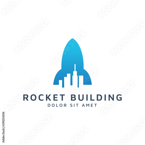rocket and building negative space logo design
