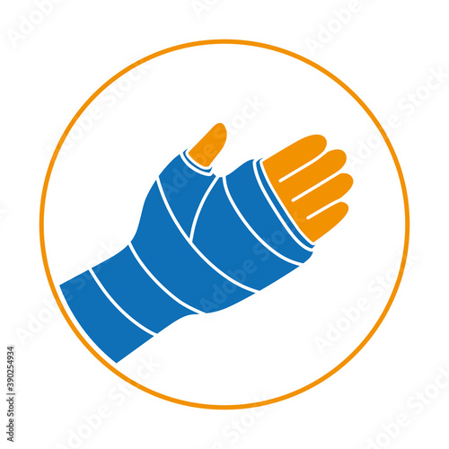 Broken arm, bone fracture, trauma, orthopedic plaster cast vector icon.