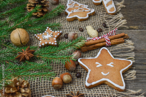 A close-up of Christmas cookies and nuts has room for text.