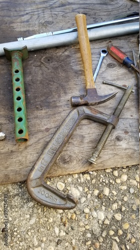old tools on wood