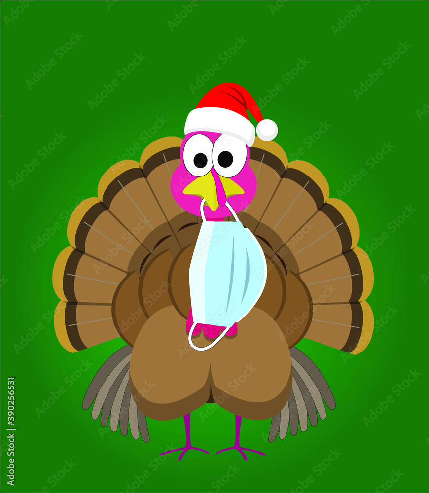 Cute cartoon Christmas turkey wearing a santa hat with a surgical face mask  hanging from his beak during the coronavirus pandemic Stock Vector | Adobe  Stock