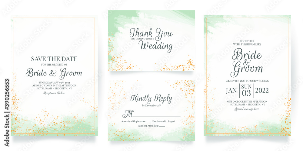 wedding invitation card template set with abstrack watercolor background and tropical leaves