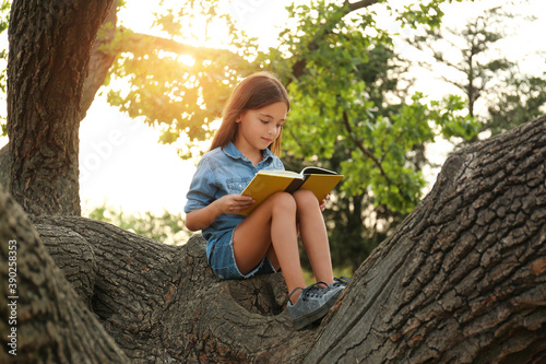 Foto Cute little girl reading book on tree in park