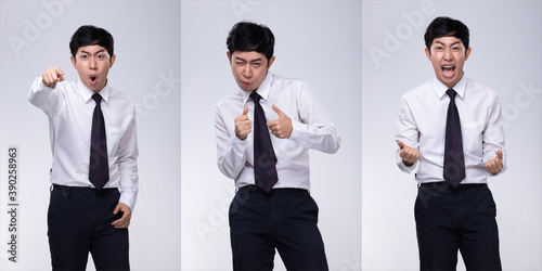 Asian business man black hair white shirt, express feeling isolated photo