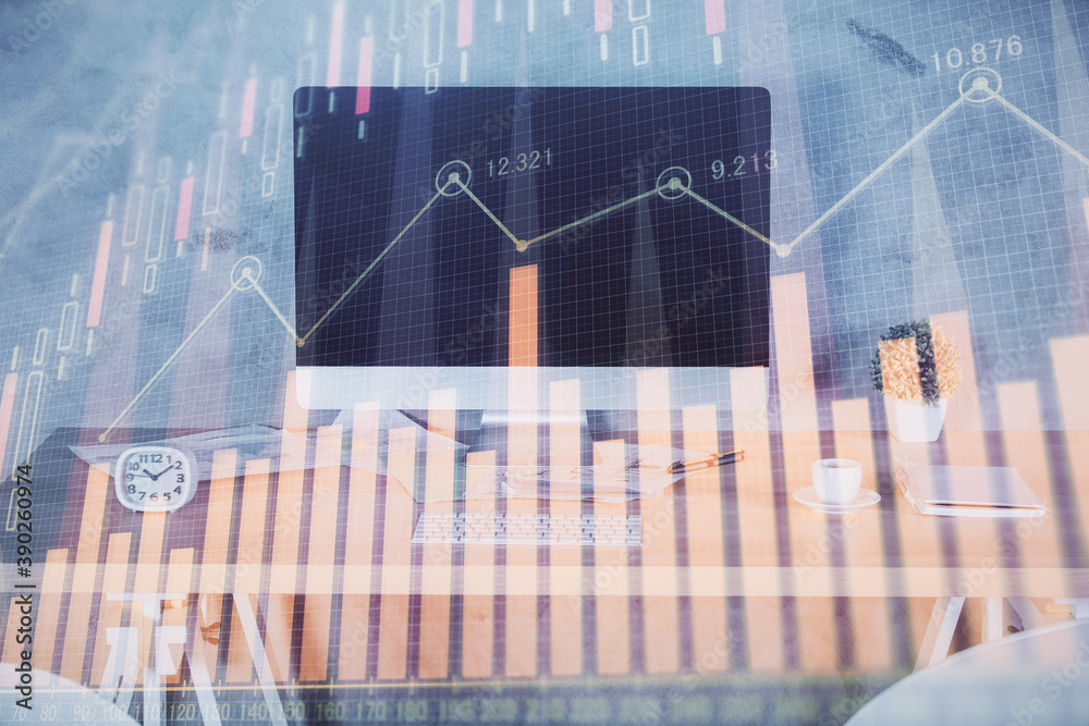 Multi exposure of financial graph drawing and office interior background. Concept of market analysis. Multi exposure of financial graph drawing and office interior background. Concept of market analysis.