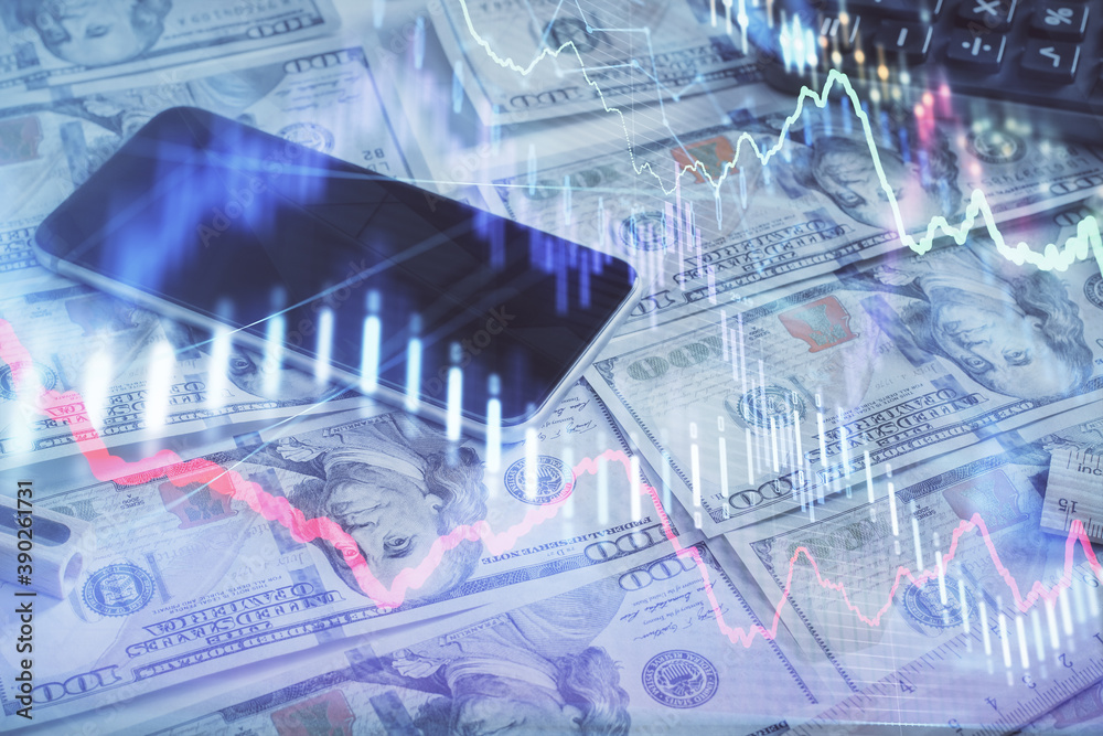 Fototapeta premium Double exposure of forex graph drawing over us dollars bill background. Concept of financial markets.
