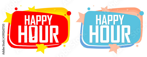 Happy Hour banners design template, sale tags, vector illustration