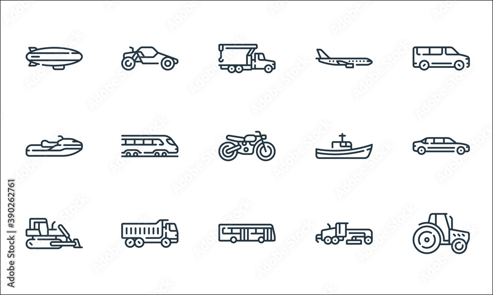 vehicles transportation line icons. linear set. quality vector line set ...