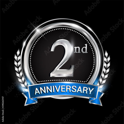 2nd anniversary logo with silver ring combination blue ribbon and laurel wreath. birthday vector template for celebration, party, wedding, invitation and greeting card