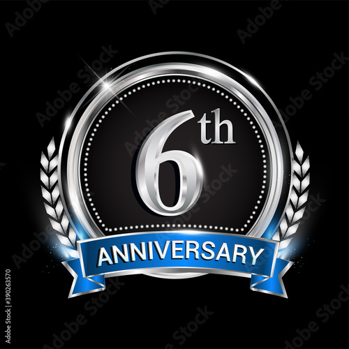 6th anniversary logo with silver ring combination blue ribbon and laurel wreath. birthday vector template for celebration, party, wedding, invitation and greeting card