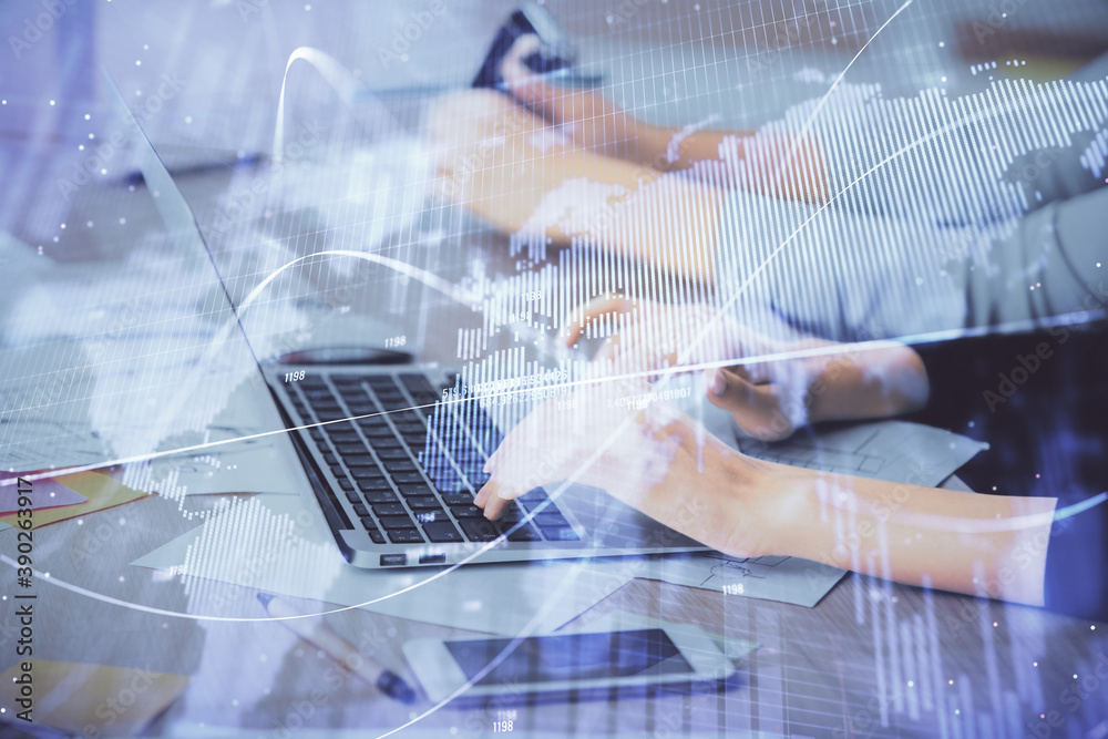 Multi exposure of woman hands typing on computer and financial chart hologram drawing. Stock market analysis concept. Multi exposure of woman hands typing on computer and financial chart hologram drawing. Stock market analysis concept.