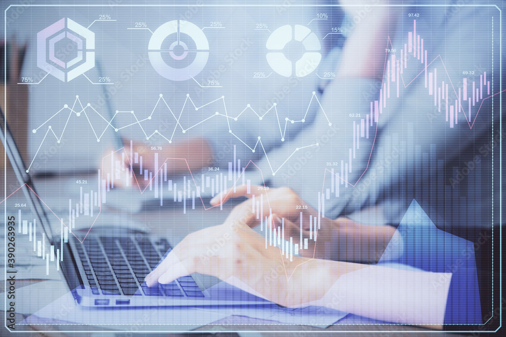 Multi exposure of woman hands typing on computer and financial chart hologram drawing. Stock market analysis concept.