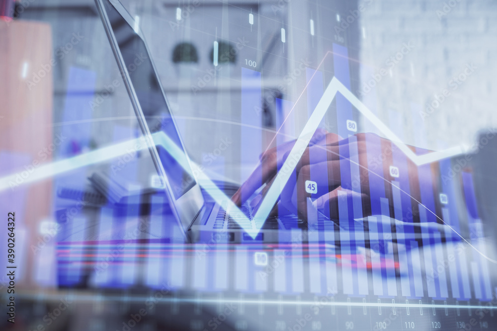 Double exposure of woman hands typing on computer and forex chart hologram drawing. Stock market invest concept.