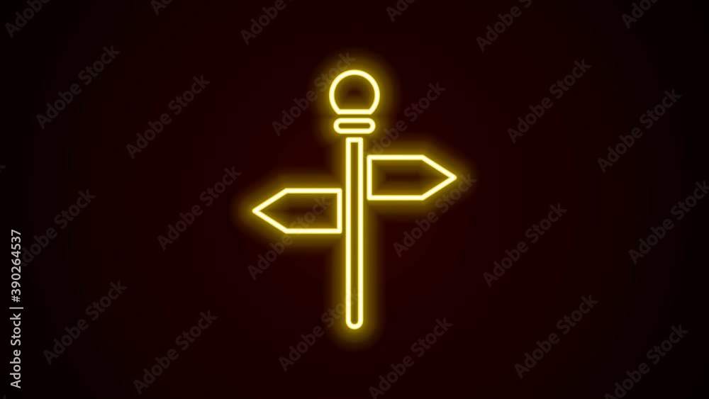 Glowing neon line Road traffic sign. Signpost icon isolated on black background. Pointer symbol. Street information sign. Direction sign. 4K Video motion graphic animation Glowing neon line Road traffic sign. Signpost icon isolated on black background. Pointer symbol. Street information sign. Direction sign. 4K Video motion graphic animation