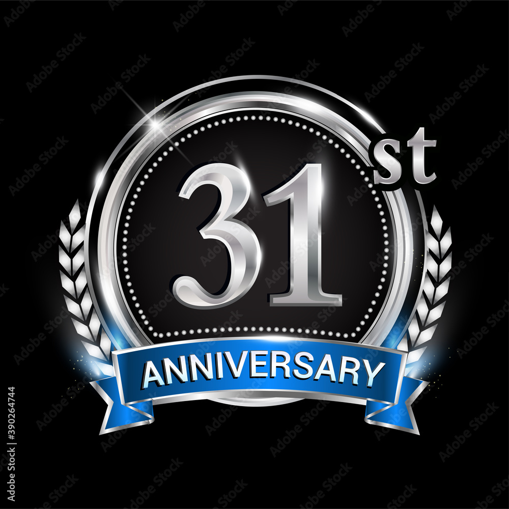 31st anniversary logo with silver ring combination blue ribbon and laurel wreath. birthday vector template for celebration, party, wedding, invitation and greeting card 31st anniversary logo with silver ring combination blue ribbon and laurel wreath. birthday vector template for celebration, party, wedding, invitation and greeting card