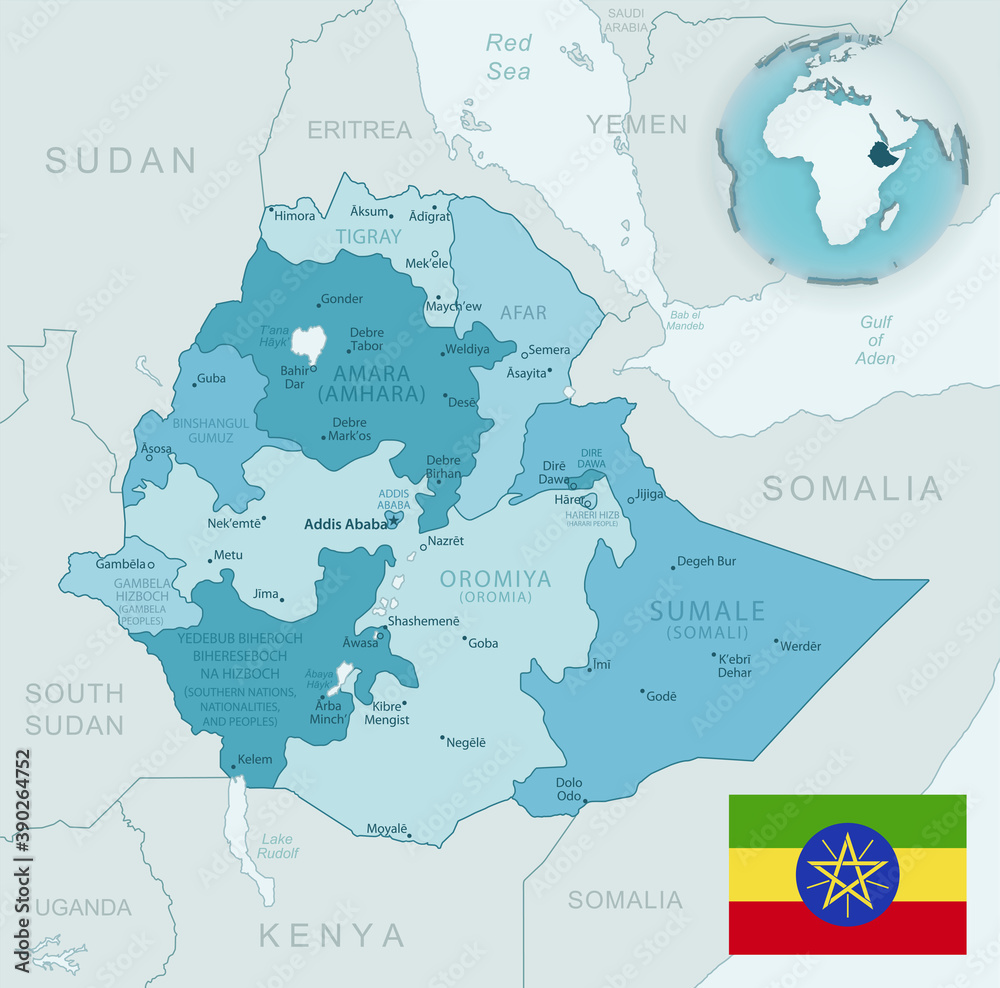 Obraz premium Blue-green detailed map of Ethiopia administrative divisions with country flag and location on the globe. Vector illustration