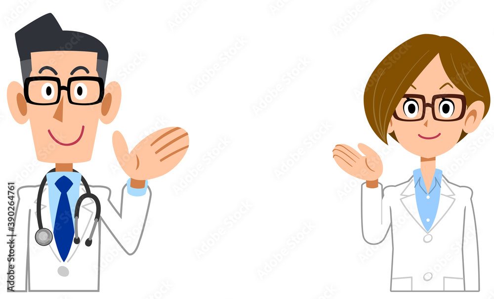 手のひらで案内する男性医師と女性技師
手のひらで案内する男性医師と女性技師