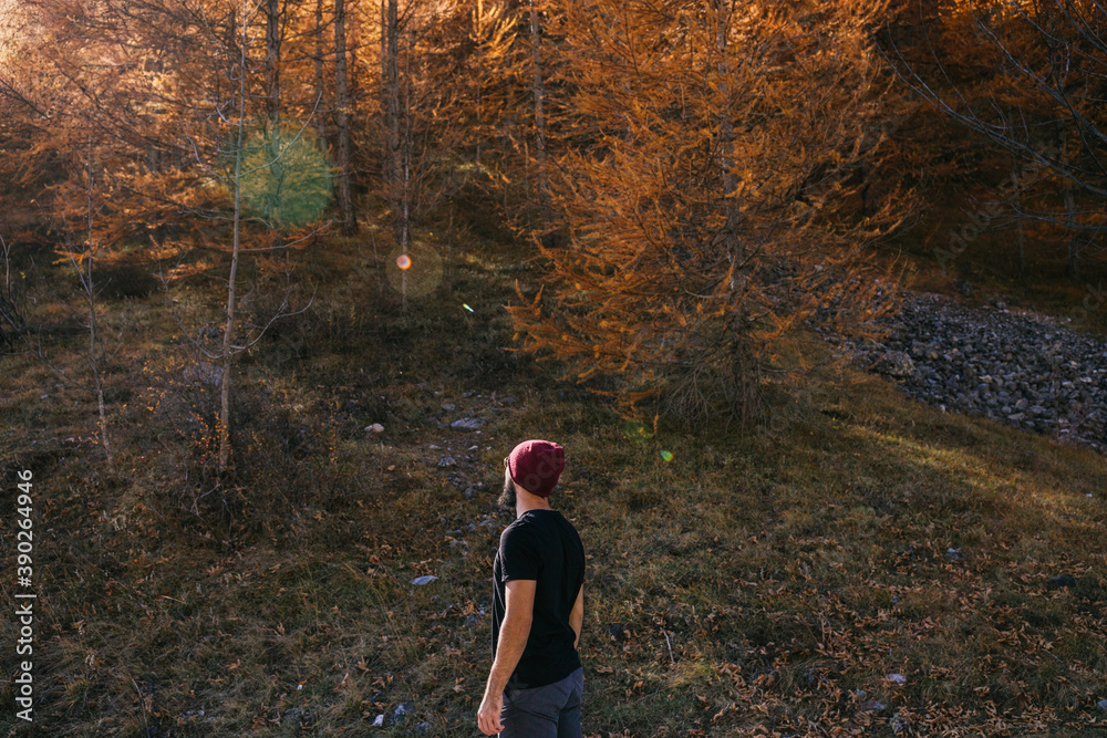 Young hipster boy standing in the woods
