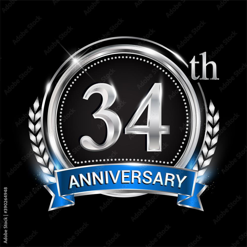 34th anniversary logo with silver ring combination blue ribbon and laurel wreath. birthday vector template for celebration, party, wedding, invitation and greeting card 34th anniversary logo with silver ring combination blue ribbon and laurel wreath. birthday vector template for celebration, party, wedding, invitation and greeting card