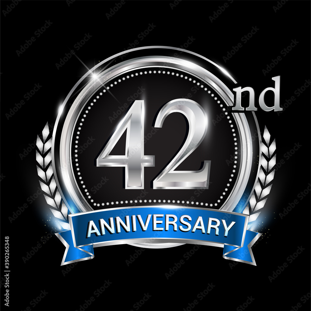 42nd anniversary logo with silver ring combination blue ribbon and laurel wreath. birthday vector template for celebration, party, wedding, invitation and greeting card 42nd anniversary logo with silver ring combination blue ribbon and laurel wreath. birthday vector template for celebration, party, wedding, invitation and greeting card