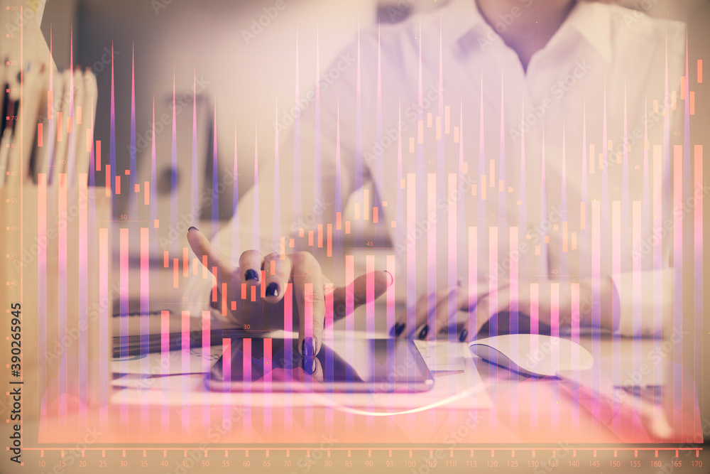 Double exposure of forex chart sketch hologram and woman holding and using a mobile device. Financial market concept. Double exposure of forex chart sketch hologram and woman holding and using a mobile device. Financial market concept.