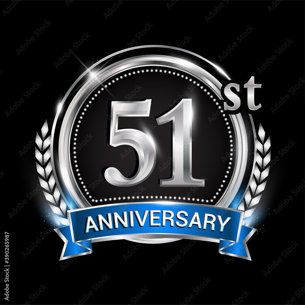 51st anniversary logo with silver ring combination blue ribbon and laurel wreath. birthday vector template for celebration, party, wedding, invitation and greeting card 51st anniversary logo with silver ring combination blue ribbon and laurel wreath. birthday vector template for celebration, party, wedding, invitation and greeting card