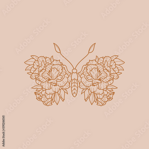 Floral Butterfly icon in a Linear Minimalist trendy style. Vector outline Emblem of Wings with Flowers for creating logos of beauty salons, massages, spas and t-shirt print, posters