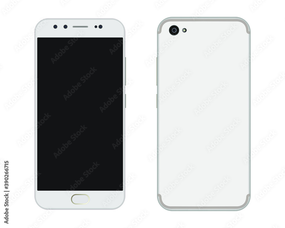 Smartphone, front and back sides of smartphone modern touch screen isolated on white background. Smartphone, front and back sides of smartphone modern touch screen isolated on white background.