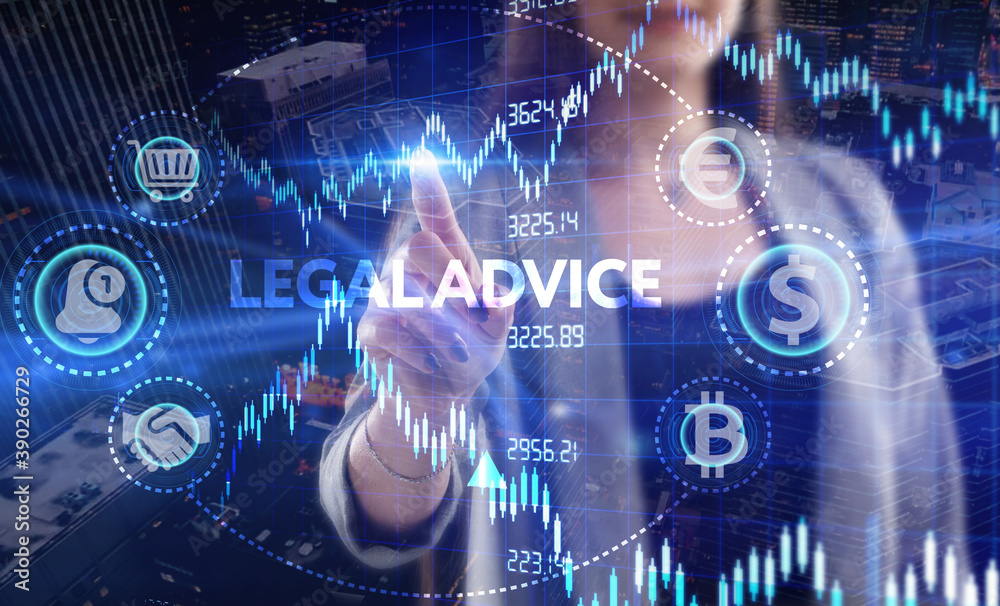 Business, Technology, Internet and network concept. Young businessman working on a virtual screen of the future and sees the inscription: Legal advice Business, Technology, Internet and network concept. Young businessman working on a virtual screen of the future and sees the inscription: Legal advice