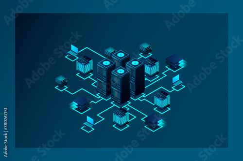 Data center, cloud database, Concept of big data processing center, hosting server or data center room concept.  vector illustration