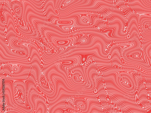 Red and White Netting Abstract Background. Abstract background of red and white random swirls, circles, and lines. A zigzag effect and illusion of webbing or netting provide texture and movement.