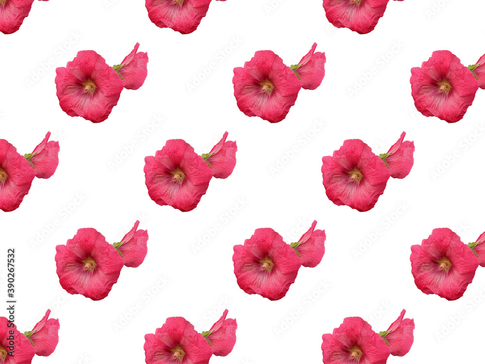 Mallow double pink flower isolated on a white background. For design. Seamless patterns. Seamless pattern with Mallow flower pattern. Repeating pattern for decorative Wallpaper. Mallow double pink flower isolated on a white background. For design. Seamless patterns. Seamless pattern with Mallow flower pattern. Repeating pattern for decorative Wallpaper.