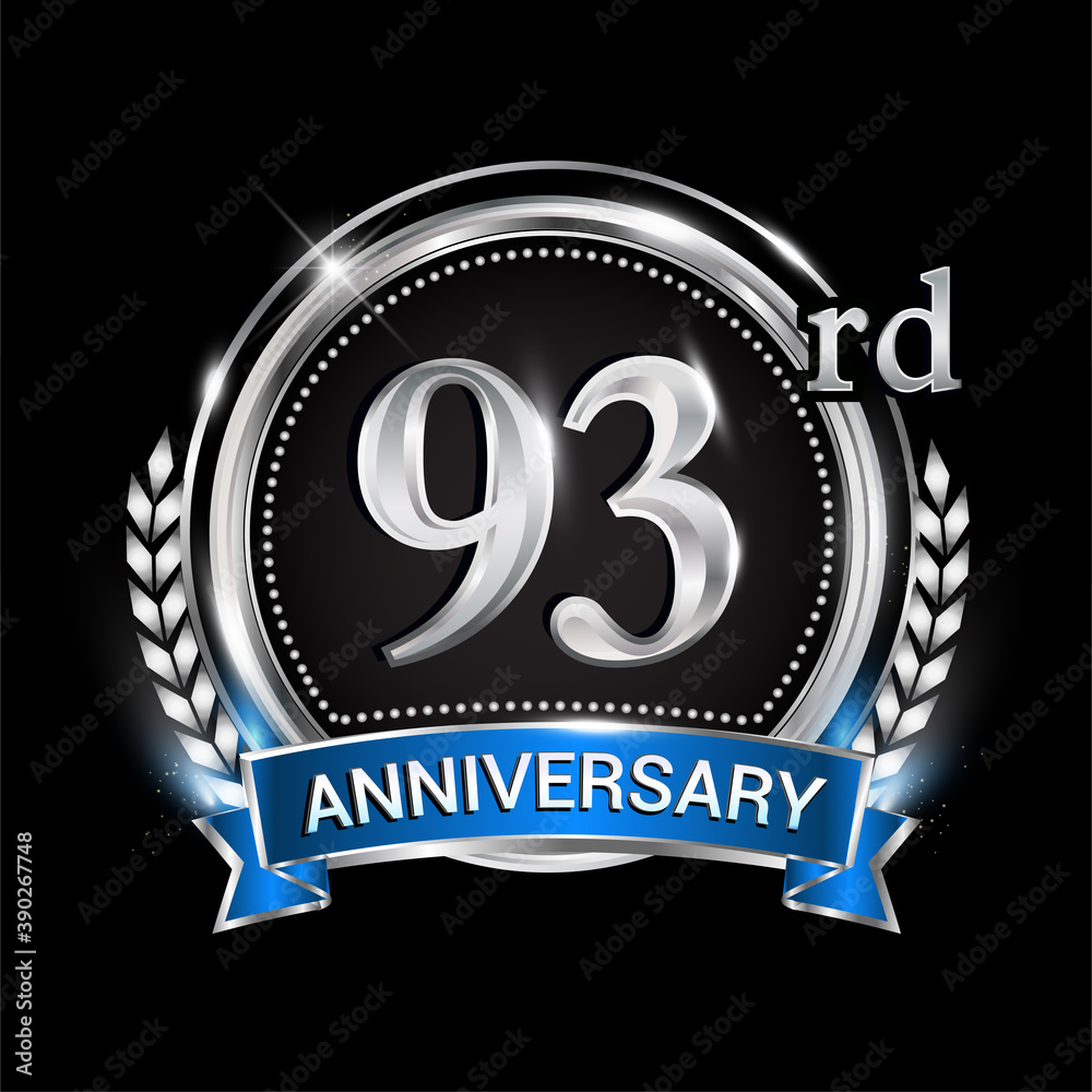 93rd anniversary logo with silver ring combination blue ribbon and laurel wreath. birthday vector template for celebration, party, wedding, invitation and greeting card 93rd anniversary logo with silver ring combination blue ribbon and laurel wreath. birthday vector template for celebration, party, wedding, invitation and greeting card
