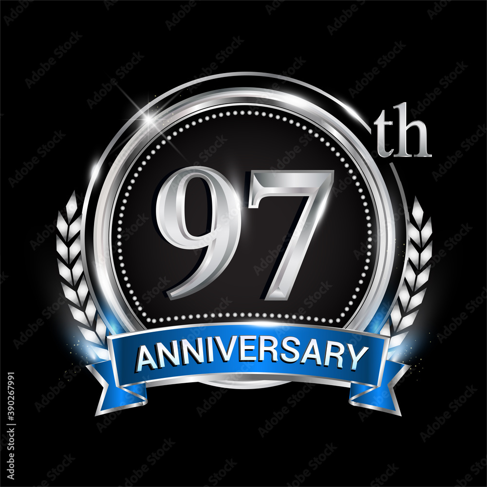 97th anniversary logo with silver ring combination blue ribbon and laurel wreath. birthday vector template for celebration, party, wedding, invitation and greeting card 97th anniversary logo with silver ring combination blue ribbon and laurel wreath. birthday vector template for celebration, party, wedding, invitation and greeting card