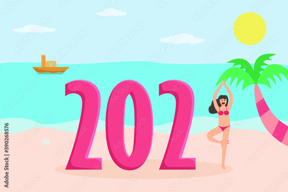 New year vector concept: Young woman standing with number 2021 in the beach while celebrating holiday