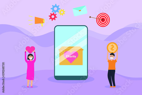 Fundraising vector concept: Young woman and man giving money for online charity on mobile phone