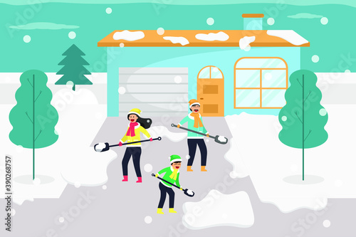 Cleaning snow vector concept: Young parents and little son cleaning snow in the yard together while wearing scarf