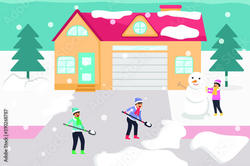 Cleaning snow vector concept: Children cleaning snow in the yard together while playing snowman