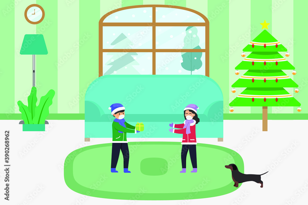 Christmas vector concept: Little boy in face mask giving a christmas gift to his sister at home during quarantine caused by coronavirus outbreak Christmas vector concept: Little boy in face mask giving a christmas gift to his sister at home during quarantine caused by coronavirus outbreak