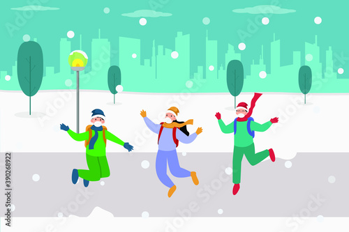Winter vector concept  Group of friends jumping in the snow in the park in winter