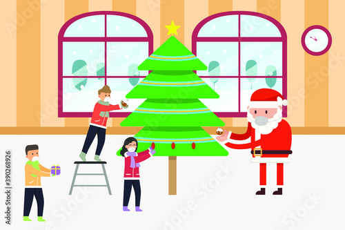 Christmas vector concept: Kids and santa claus wearing mask while decorating christmas tree together at home