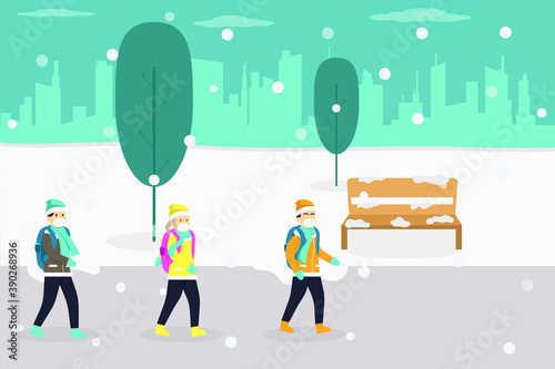 Winter vector concept  Group of teenage students in face mask walking at the park during new normal after coronavirus outbreak in wintertime