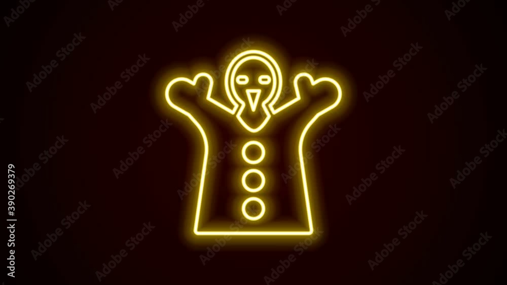 Glowing neon line Toy puppet doll on hand icon isolated on black background. 4K Video motion graphic animation Glowing neon line Toy puppet doll on hand icon isolated on black background. 4K Video motion graphic animation