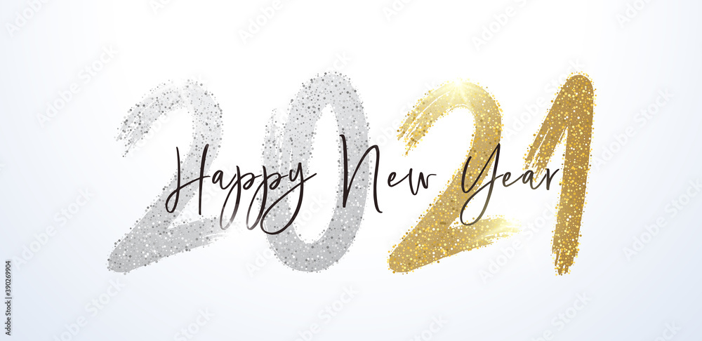 Obraz Happy New Year 2021 with calligraphic and brush painted with sparkles and glitter text effect in gold and silver. Vector illustration background for new year's eve and happy new year resolutions