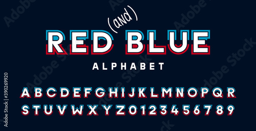 Alphabet font typeface in red, white and blue. Stylized Typographic vector design