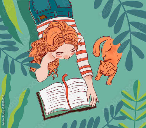 Young girl with cat in the garden. Girl  reads a book. Nature landscape background. Summer holidays illustration. Vacation time