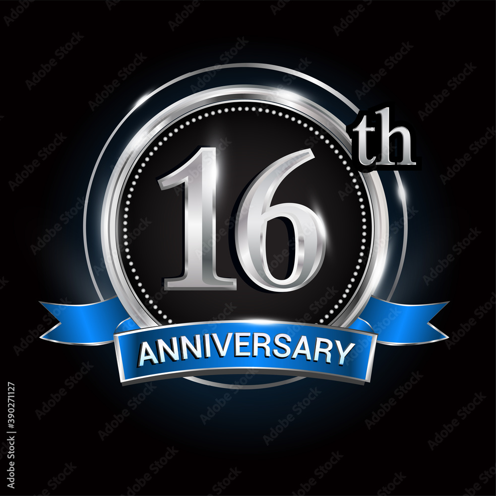 Celebrating 16th anniversary logo. with silver ring and blue ribbon.