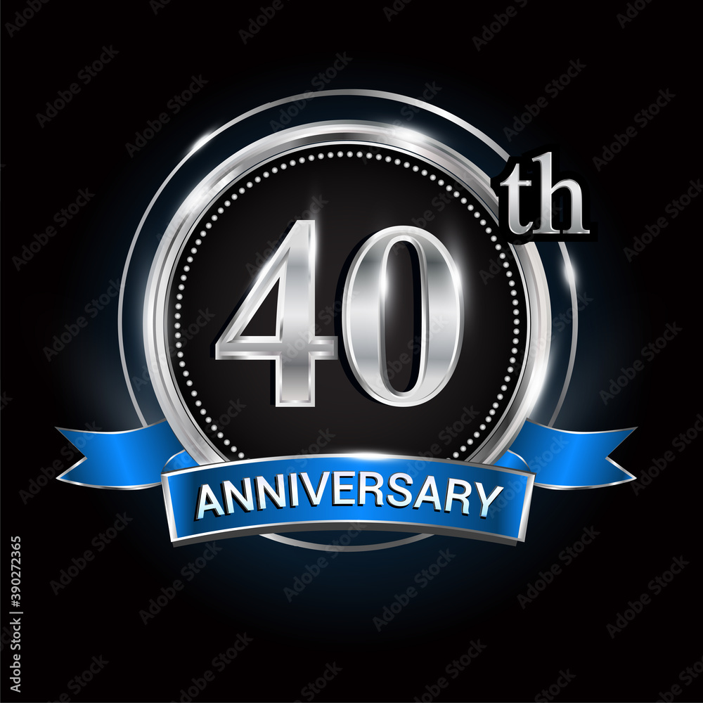 Celebrating 40th anniversary logo. with silver ring and blue ribbon. Celebrating 40th anniversary logo. with silver ring and blue ribbon.