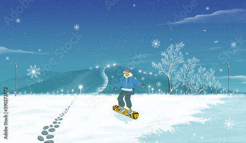 Teenager skiing in the winter snow.Winter outdoor scenery illustration