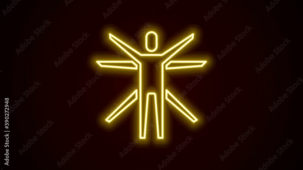 Glowing neon line Vitruvian Man by Leonardo Da Vinci icon isolated on black background. Human anatomy. 4K Video motion graphic animation